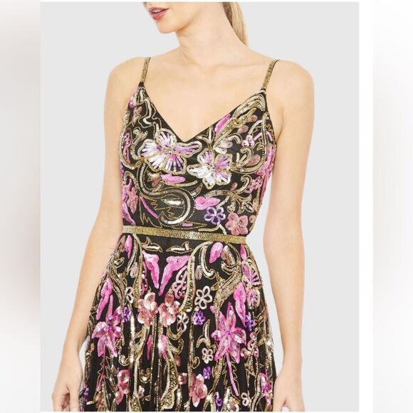 NWT Mac Duggal Black V Neck Floral Embellished Spaghetti Strap Gown dress Sz 2 - Picture 4 of 14